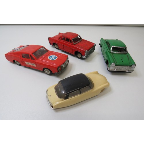 262 - Vintage toy cars to include Jouet Minialuxe Citreon DS, Clover toys Ford Mustang and two tinplate Fr... 