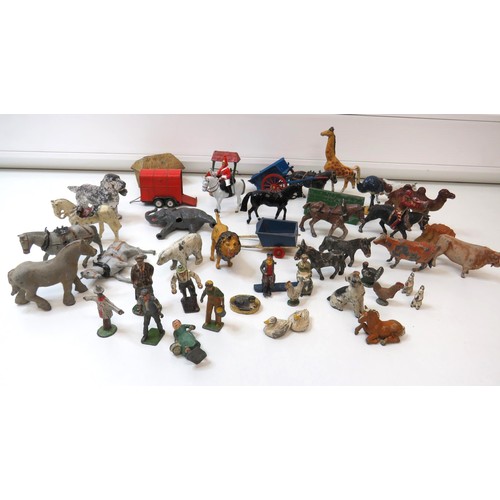 261 - Vintage toys to include Britains Farm and Zoo animals, figures, trailers and Corgi pony trailer.