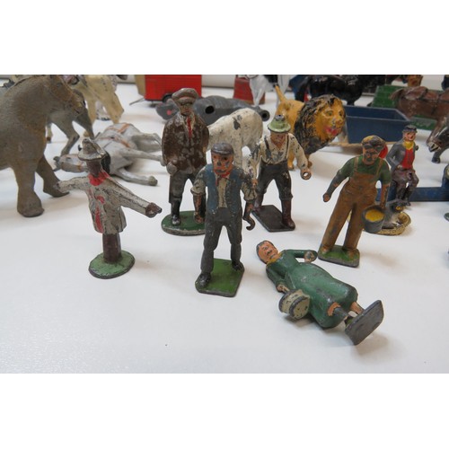 261 - Vintage toys to include Britains Farm and Zoo animals, figures, trailers and Corgi pony trailer.