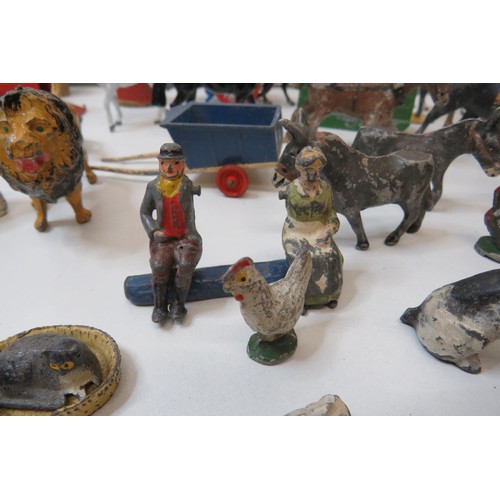 261 - Vintage toys to include Britains Farm and Zoo animals, figures, trailers and Corgi pony trailer.