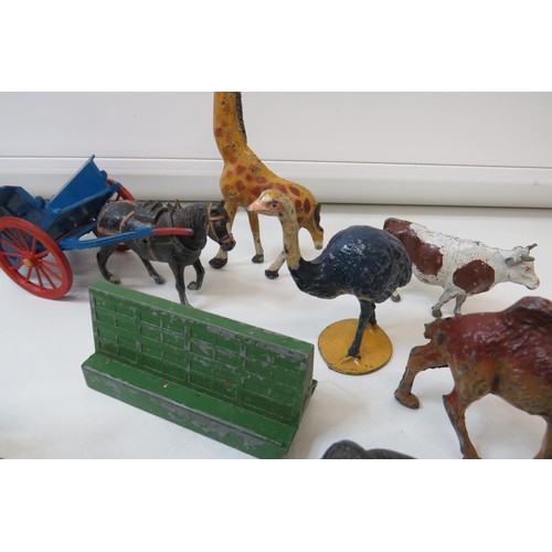 261 - Vintage toys to include Britains Farm and Zoo animals, figures, trailers and Corgi pony trailer.