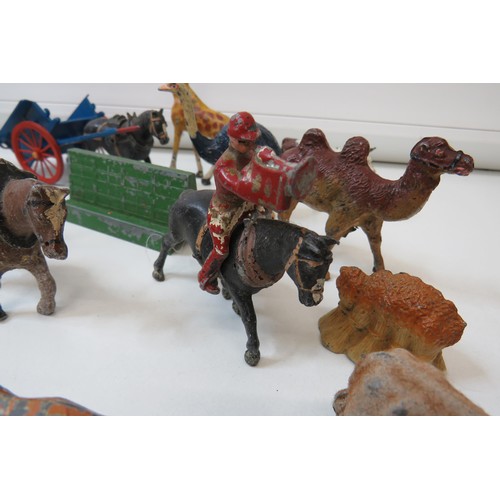 261 - Vintage toys to include Britains Farm and Zoo animals, figures, trailers and Corgi pony trailer.