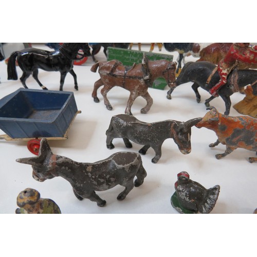 261 - Vintage toys to include Britains Farm and Zoo animals, figures, trailers and Corgi pony trailer.