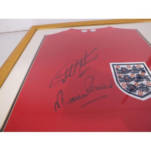 396 - Framed 1966 replica England shirt Autographed by Geoff Hurst and Martin Peters with C.O.A