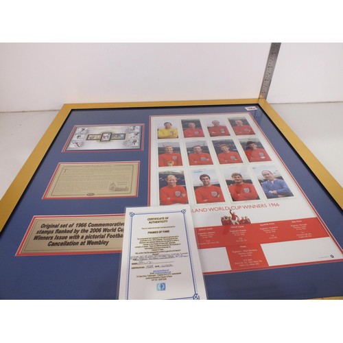 396A - Framed original set of 1966 commemorative stamps flanked by the 2006 world cup winners issue with as... 