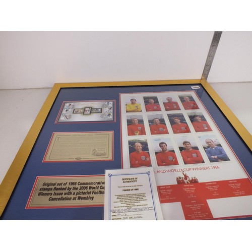 396A - Framed original set of 1966 commemorative stamps flanked by the 2006 world cup winners issue with as... 