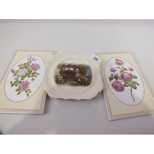 407 - Two Royal Worcester rose ceramic pictures and one Sandland ware Darby Joan plate