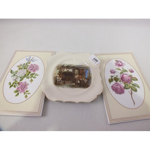 407 - Two Royal Worcester rose ceramic pictures and one Sandland ware Darby Joan plate