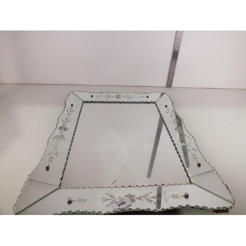 390 - Vintage wall mirror with floral etching on mirrored frame