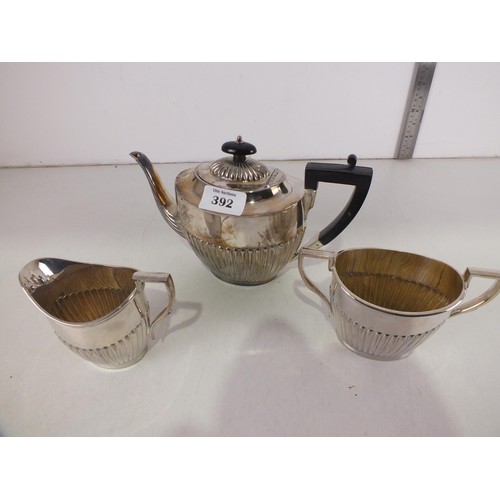 392 - Silverplate teapot, milk jug and sugar pot- engraved 