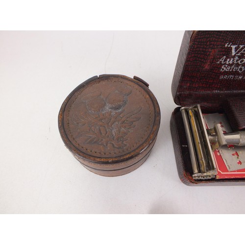 35 - Lot of collectables to include valet safety razor, leather trinket box, horse bottle opener and coug... 