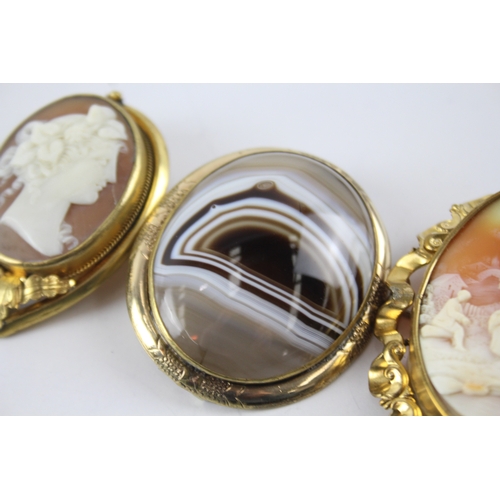 34 - Three Antique Brooches inc. Shell Cameo, Agate 53g