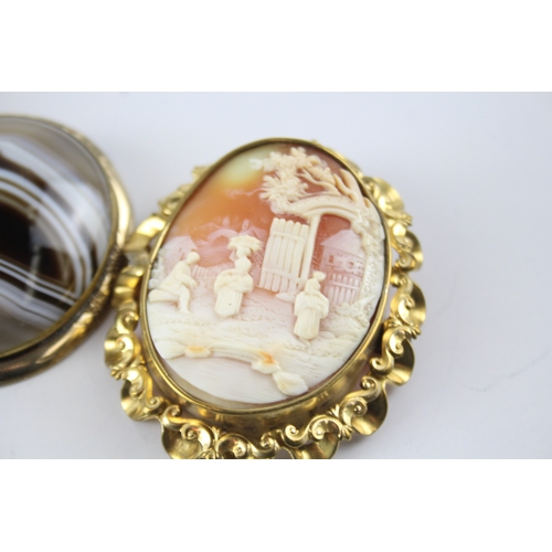 34 - Three Antique Brooches inc. Shell Cameo, Agate 53g