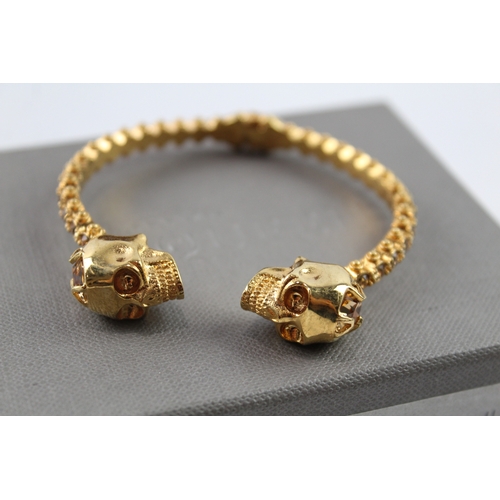 70 - Alexander Mcqueen Gold Tone Bangle with Stone Set Skull Torque Ends & Box 41g