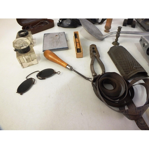 114 - Selection of items to including fujica single and camera, welding goggles, watchmakers magnifying gl... 