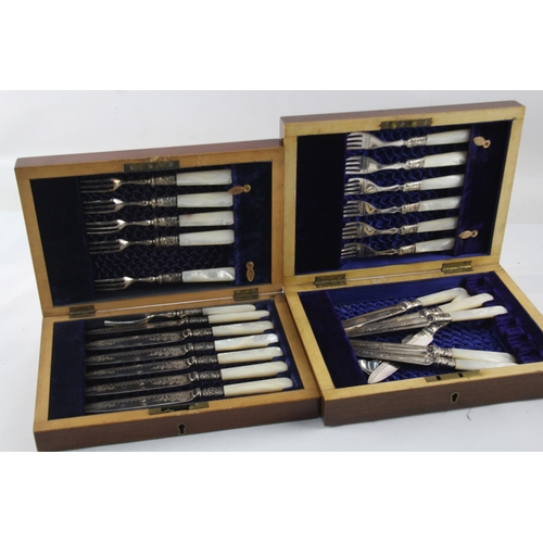 573 - Silver Plateware Mother Of Pearl Cutlery Set & Cake Sets w/ Wooden Canteen x2