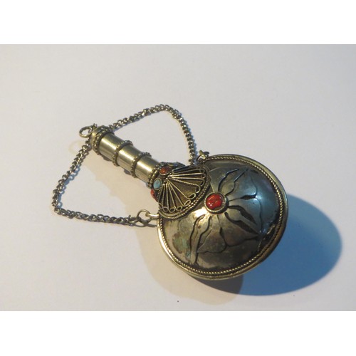 66 - Antique Tibetan Silver Snuff bottle Chatelaine with Coral and Turquoise inlay.