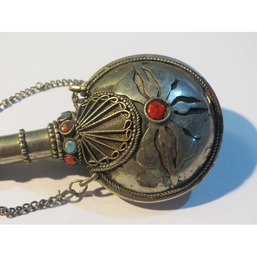 66 - Antique Tibetan Silver Snuff bottle Chatelaine with Coral and Turquoise inlay.