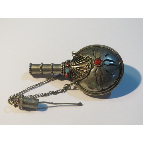 66 - Antique Tibetan Silver Snuff bottle Chatelaine with Coral and Turquoise inlay.