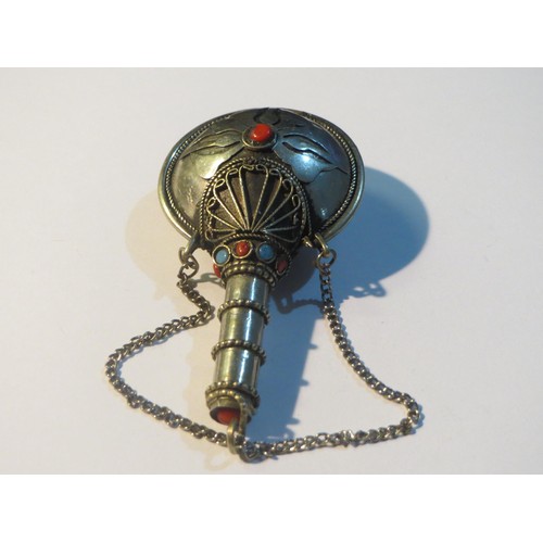 66 - Antique Tibetan Silver Snuff bottle Chatelaine with Coral and Turquoise inlay.