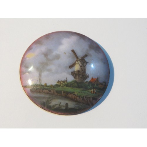 76 - Antique hand painted Dutch Windmill scene Enamel on copper brooch.