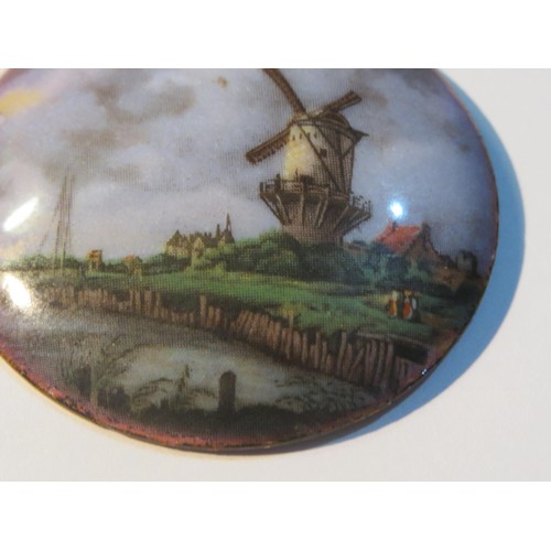 76 - Antique hand painted Dutch Windmill scene Enamel on copper brooch.