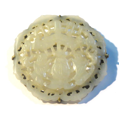 80 - Antique Chinese hand carved White Jade panel and gilt mount brooch.