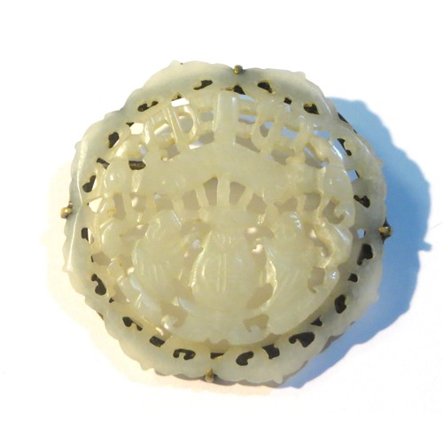 80 - Antique Chinese hand carved White Jade panel and gilt mount brooch.