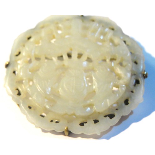 80 - Antique Chinese hand carved White Jade panel and gilt mount brooch.