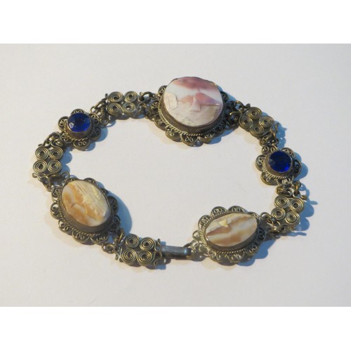 83 - Vintage silver filigree hand carved shell cabochon and blue stone bracelet, 7.5