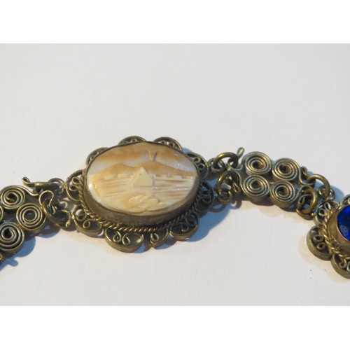 83 - Vintage silver filigree hand carved shell cabochon and blue stone bracelet, 7.5