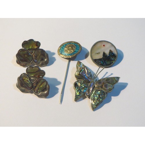 86 - Mexico silver jewellery including Abalone Butterfly brooch, Earrings and Turquoise pin.