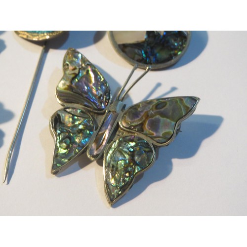 86 - Mexico silver jewellery including Abalone Butterfly brooch, Earrings and Turquoise pin.