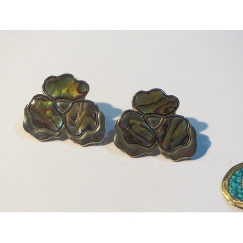 86 - Mexico silver jewellery including Abalone Butterfly brooch, Earrings and Turquoise pin.