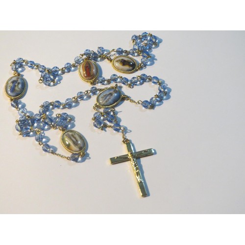 91 - Gold tone Blue glass and Porcelain Rosary.