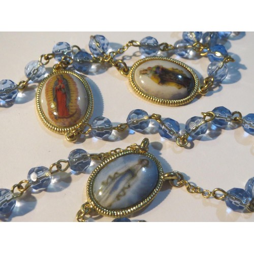 91 - Gold tone Blue glass and Porcelain Rosary.