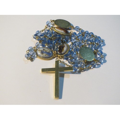 91 - Gold tone Blue glass and Porcelain Rosary.