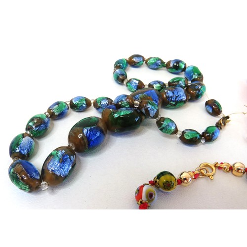 67 - Vintage Venetian Millefiori bead necklace & bracelet, Large Murano glass pendant etc.