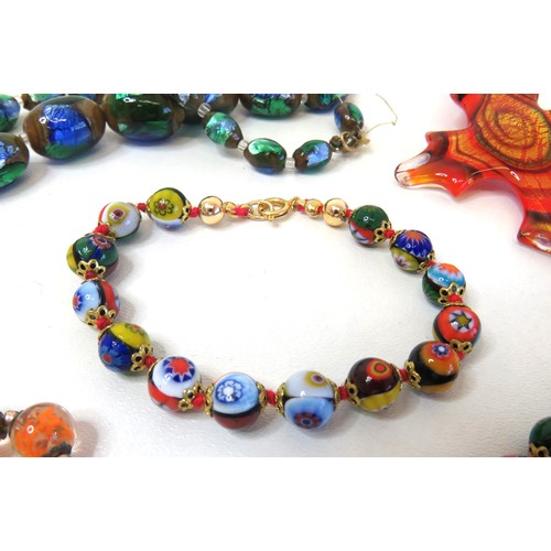 67 - Vintage Venetian Millefiori bead necklace & bracelet, Large Murano glass pendant etc.