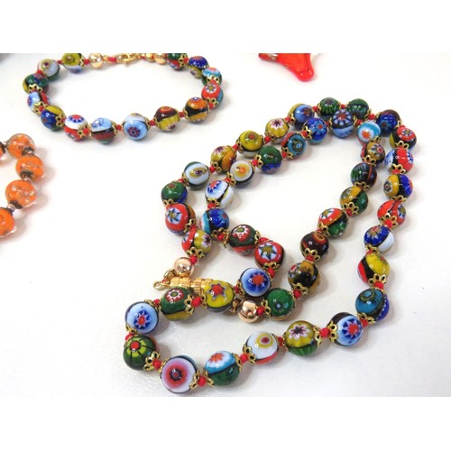 67 - Vintage Venetian Millefiori bead necklace & bracelet, Large Murano glass pendant etc.