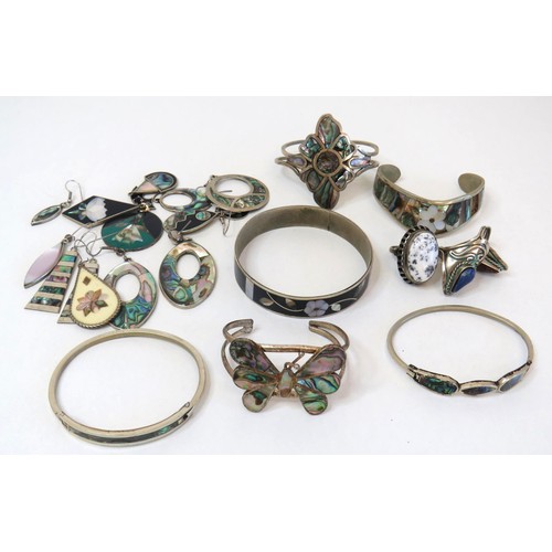 71 - Job lot of Vintage Silver Jewellery, Mexico Alpaca mother of pearl inlay, bracelets, Gemstone rings ... 