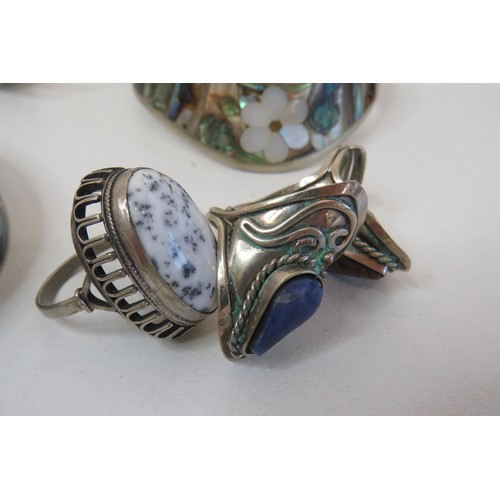 71 - Job lot of Vintage Silver Jewellery, Mexico Alpaca mother of pearl inlay, bracelets, Gemstone rings ... 