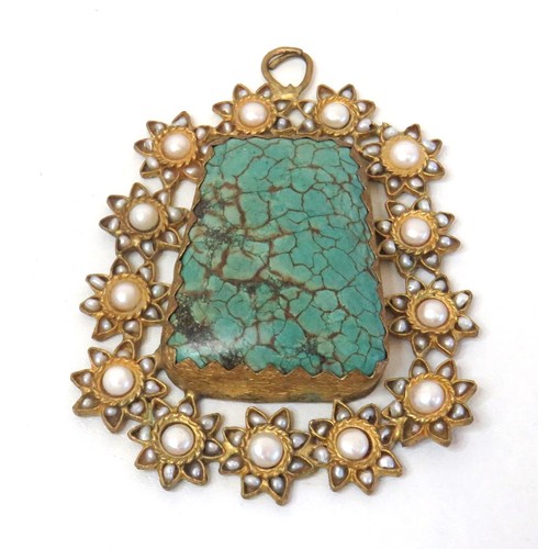 75 - Vintage Large statement pendant Turquoise and faux pearl set in brass mount.
size 9cm x 7cm