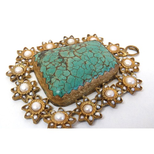 75 - Vintage Large statement pendant Turquoise and faux pearl set in brass mount.
size 9cm x 7cm