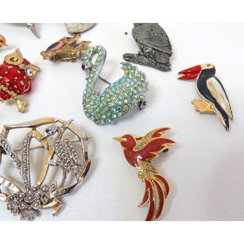 271 - Thirteen assorted bird brooches including signed Kigu, owls, cloisonne etc.