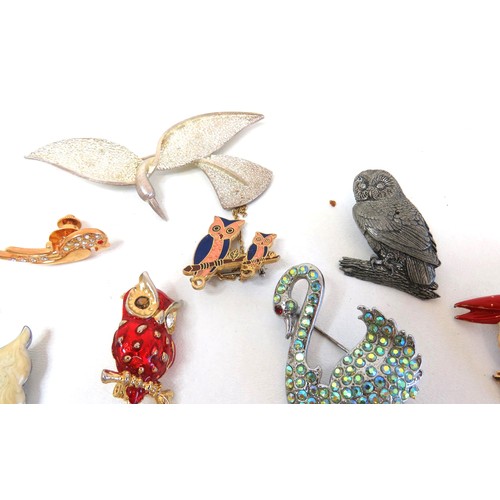 271 - Thirteen assorted bird brooches including signed Kigu, owls, cloisonne etc.