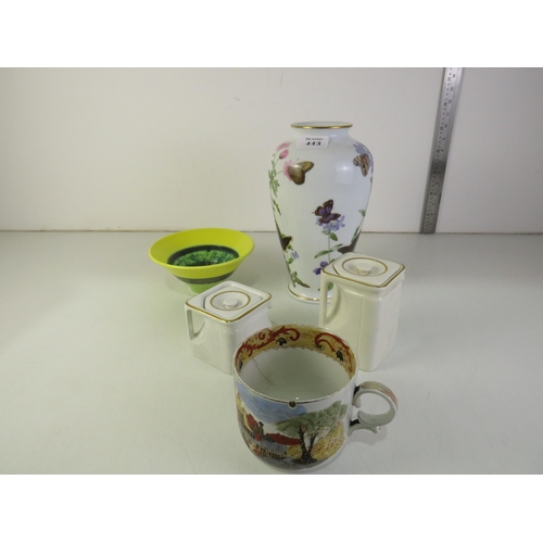 443 - Porcelain mint vase, retro teapot, mug and retro yellow bowl