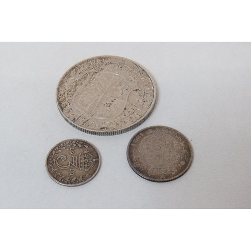 44 - Pre 1920 British silver coins, 1915 Halfcrown, 1821 Sixpence, 1918 3d