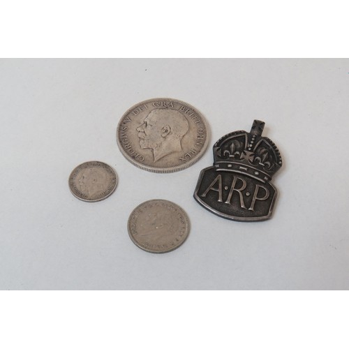 54 - Silver A.R.P Air raid badge, 1918 silver halfcrown, 1915 silver 3d