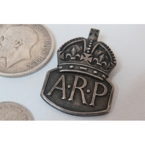 54 - Silver A.R.P Air raid badge, 1918 silver halfcrown, 1915 silver 3d